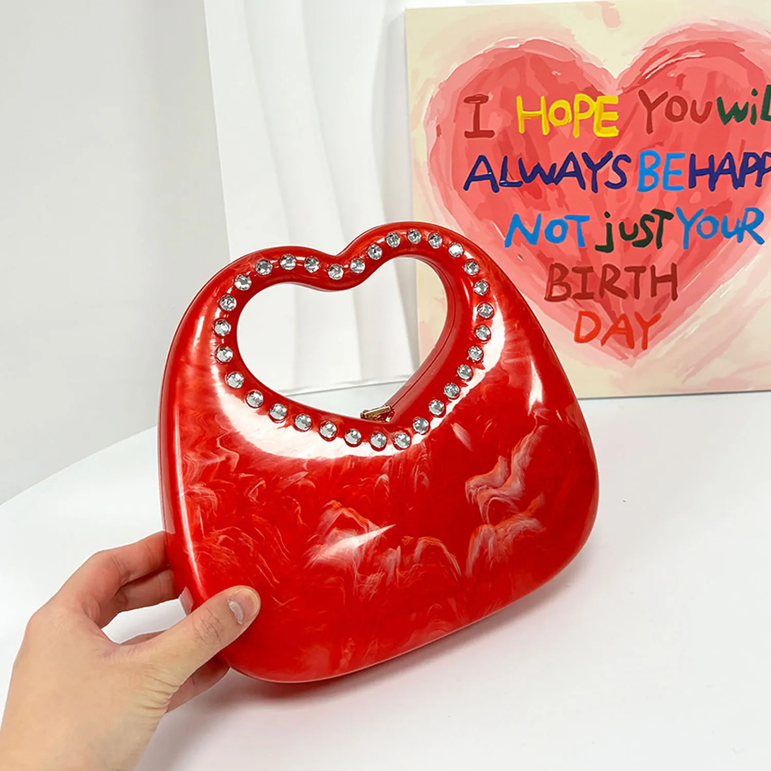 Woman Loving Heart Acrylic Clutch Purse Luxury Crystal Evening Dress Handbags Handle Stone Patterned Shell Chain Shoulder Bag