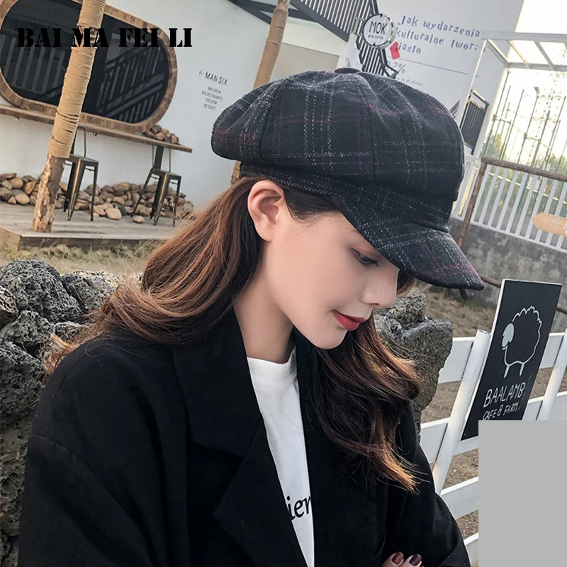 Retro Fashion Women's Newsboy Hats Plaid Octagonal Beret Cap Tweed Outdoor Visor Baker Beret Cabbie Cap Ladies