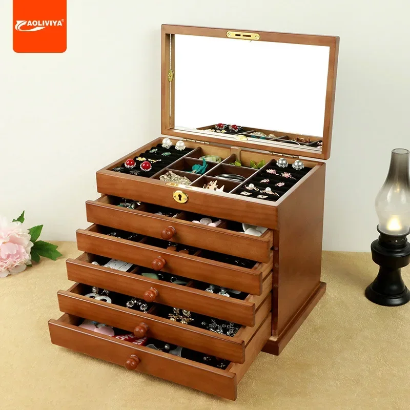 Aoliviya Solid Wood Jewelry Box Multi-Layer with Lock Ancient Style Chinese Style Wooden Vintage Princess European Style Jewelry