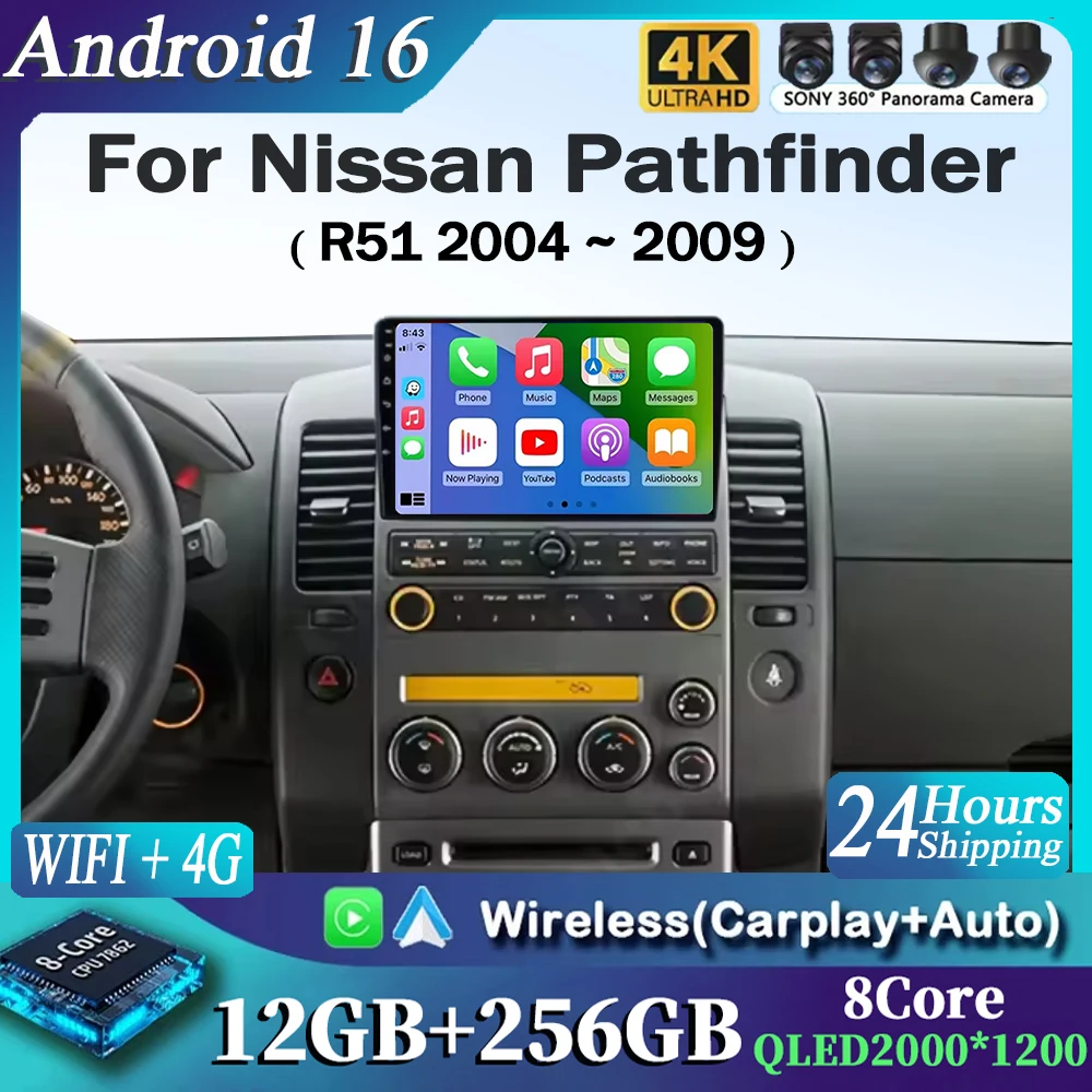 Radio Multimedia para Auto con Android 16 para Nissan Pathfinder R51 2004-2009, Pantalla QLED 2K, CarPlay, Reproductor de Video, GPS, Estéreo, Unidad Principal 4G