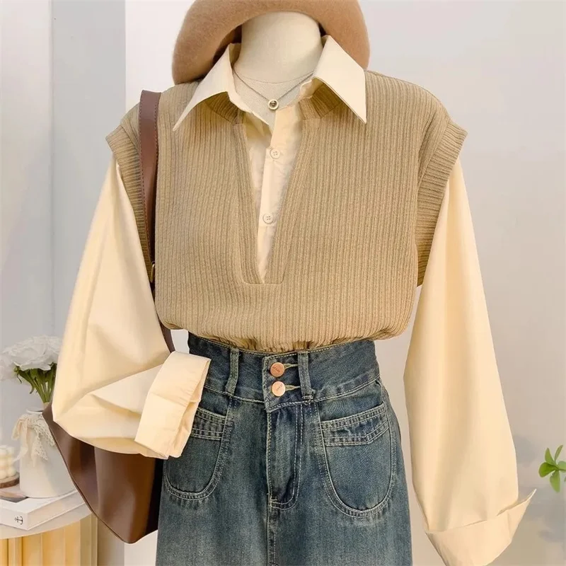 

Ladies Fashion False Two-piece Shirts Korean Women High End Long Sleeves Blouse Spring Autumn Femme Casual Patchwork Loose Tops