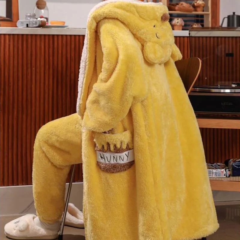 Women\'s Plush Fuzzy Pajamas Autumn and Winter New Winnie the Pooh Bear Robe and Pants Couple\'s Thickened Plush Household Suit