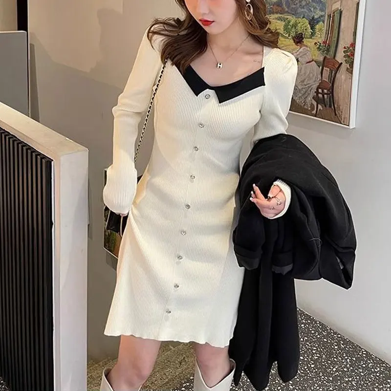 

Commute Bag Hip Knitted Dresses Waist Female Clothing Elegant Square Collar 2024 Autumn Winter Fashion Spliced Button Mini Dress