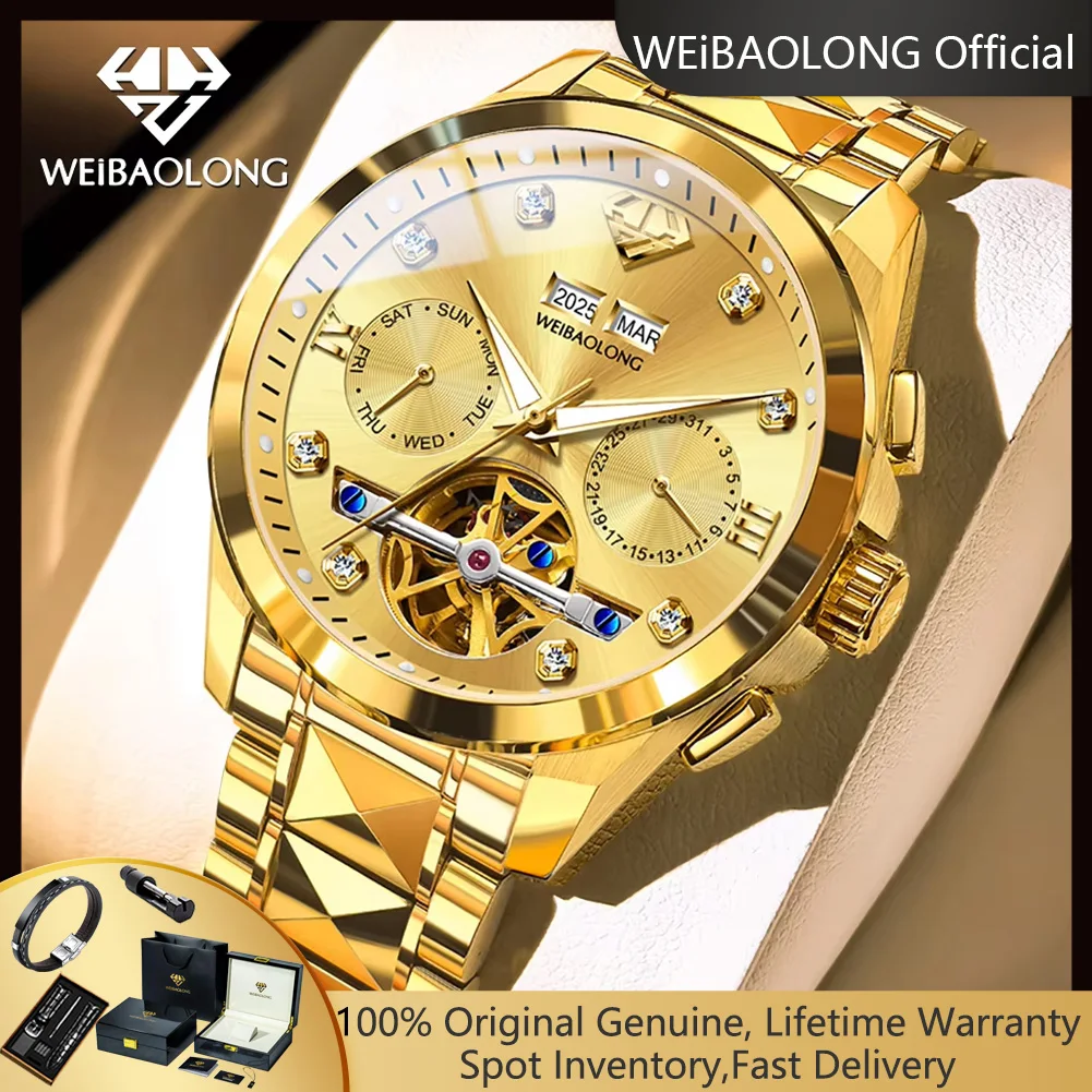 WEiBAOLONG Men's Watches High-end Luxury Real Diamond Watch Skeleton Flywheel Tungsten Steel Automatic Mechanical Man Watch 3801