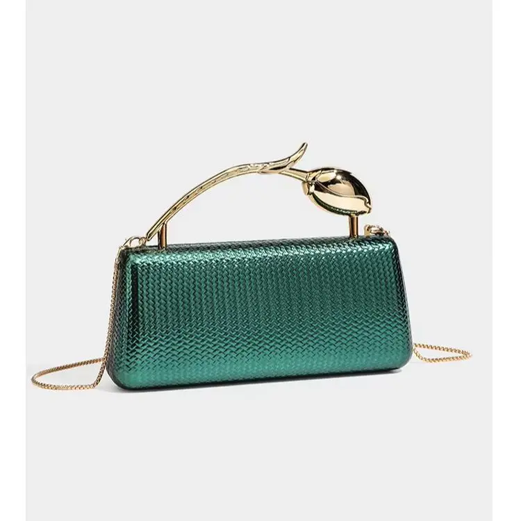 Ladies Hard‑Shell Woven Evening Handbag, Glossy Metallic Texture, Unique Tulip Gold Metal Top Handle, Removable Chain Strap for Prom Cocktail Events