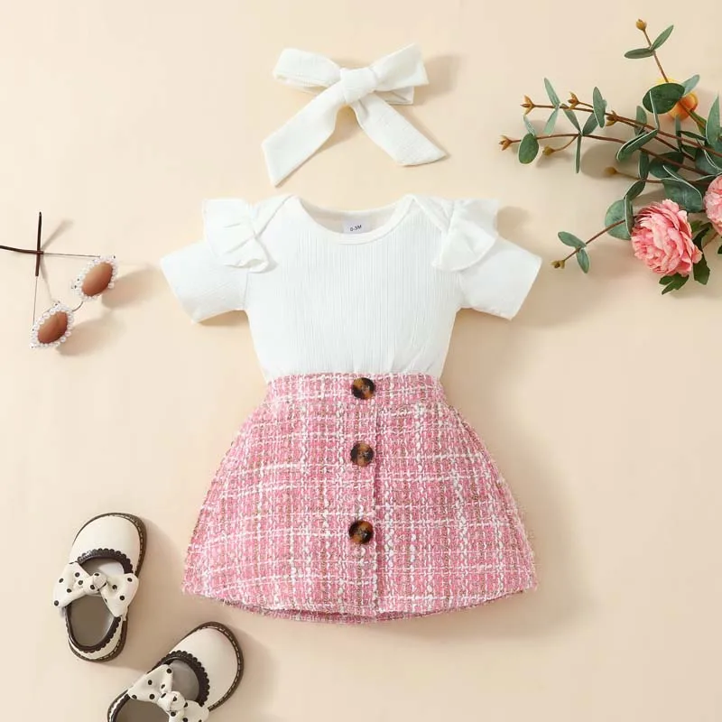 Baby Girl Clothing 3Pcs Sets Solid Color Short Sleeve Jumpsuits Plaid Skirt with Hairband for 0-18 Months Toddler Girl Outfits