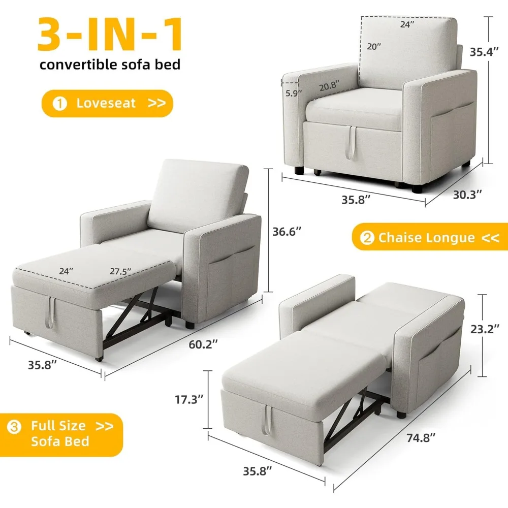 Sofa bed 3-in-1 berbahan linen dengan tempat tidur tarik, sandaran yang dapat direbahkan, dan sandaran tangan lebar untuk kehidupan modern