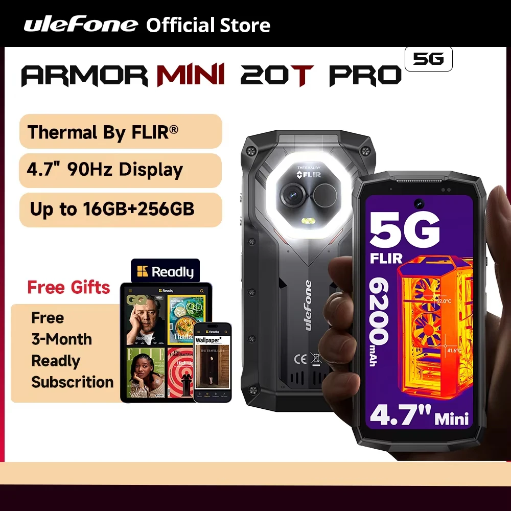 【Première mondiale】 Ulefone Armor Mini 20T Pro 5G Téléphone robuste à imagerie thermique FLIR® 4,7 pouces Smartphone Android 14 6200 mAh 16 Go de RAM (8 + 8) 256 Go de ROM Lumière LED polyvalente 33 W Téléphone portabl