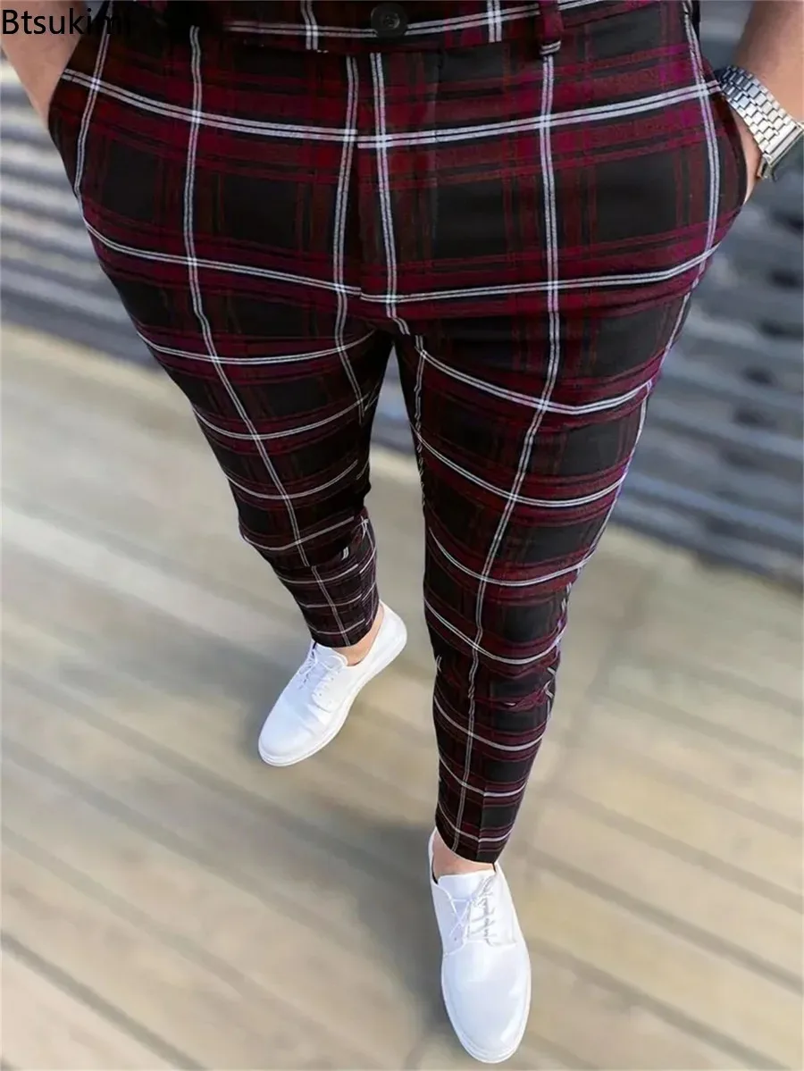 

New Men's Four Seasons Business Casual Suit Pants Fashion Plaid Printed Pocket Slim Small Feet Pants Breathable Trousers for Men