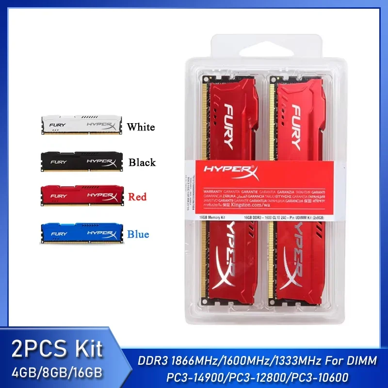 Memoria RAM DDR3 de 8GB (2x4GB) y 16GB (2x8GB), Kit de Memoria RAM para Ordenador de Escritorio, 1866MHz, 1600MHz, 1333MHz, 240 Pines, 1.5V, DIMM, PC3-12800, 14900, Fury RAM