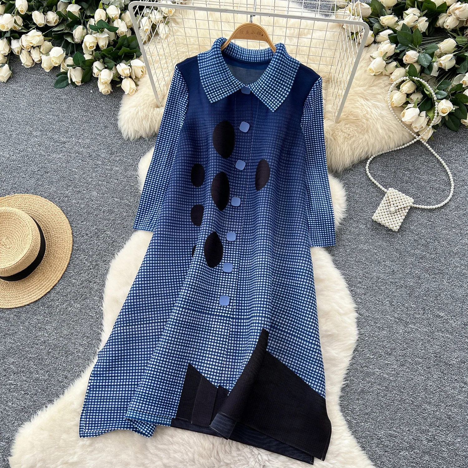 Chic Casual loose print patchwork Single Breasted Plaid Polo-Neck Dresses Korean Fashion Vestidos Women Summer women clothing