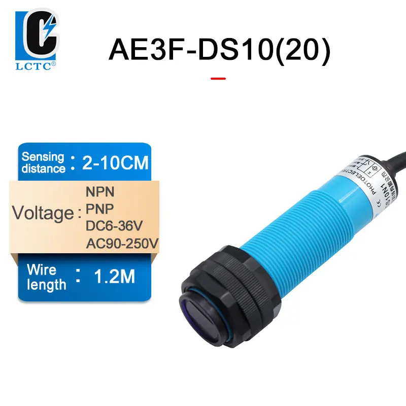 

AE3F-DS10,Diffuse reflection,infrared photoelectric switch, PNP/NPN,NO/NC,distance:2-10cm/7-20cm,6-36V 90-250V suply