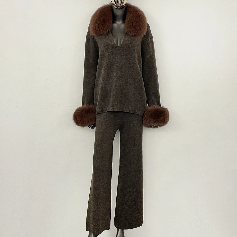 Reality Fur Jacket Knitted Suit Women's Sweater Real Fur Sweaters and Pullovers Fur Coat Ladies Knitwear Set Oversize Women
