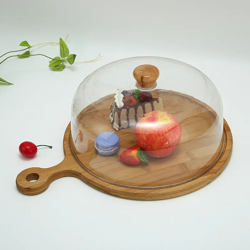 

z A Set Acrylic Transparent Food Cake Cover Dust Cover Bamboo Wood Pizza Plate Hotel Restaurant Kitchen Supplies