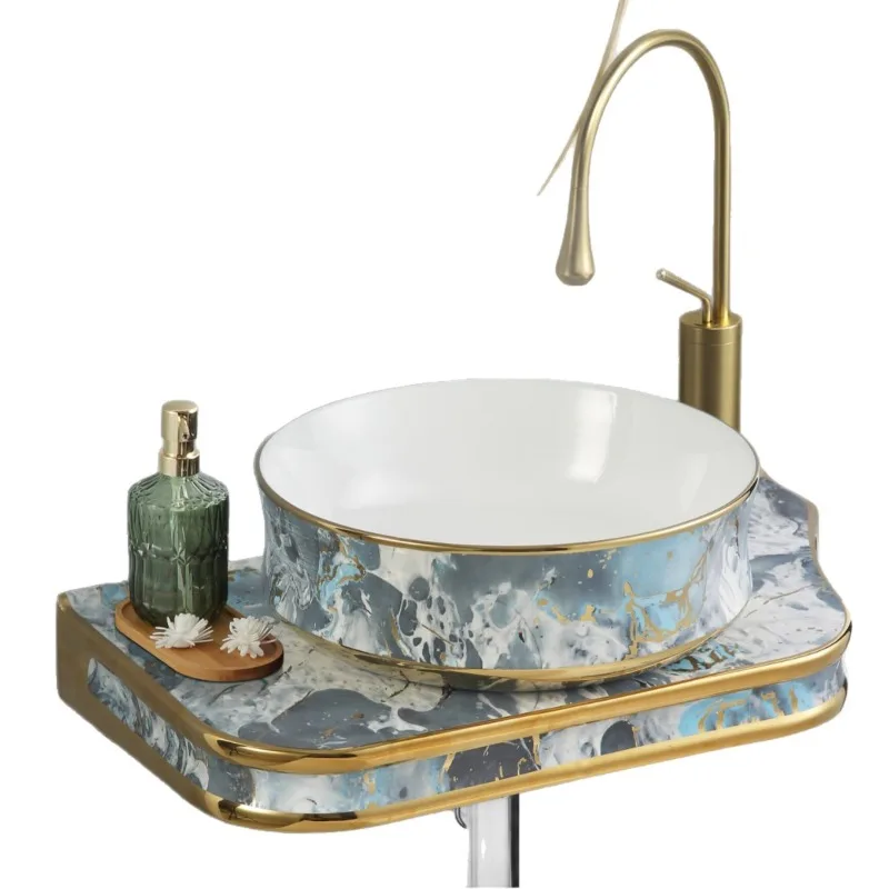 

New blue jadeite countertop basin, wash basin, wash basin, solid color ceramic plate bathroom set integrated LED mirror