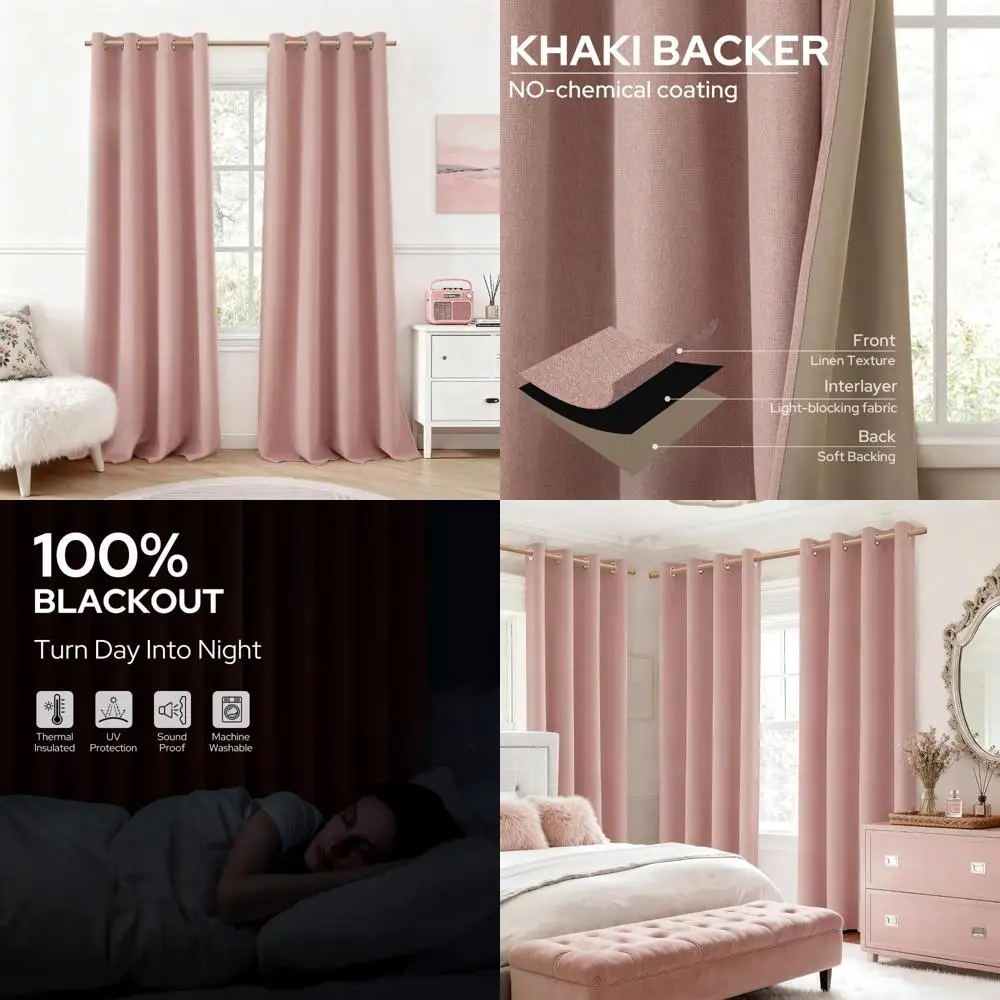 

Blush Pink 100% Blackout Curtains 84, Thick Faux Linen Blend, Textured Window Drapes for Cute Room Darkness