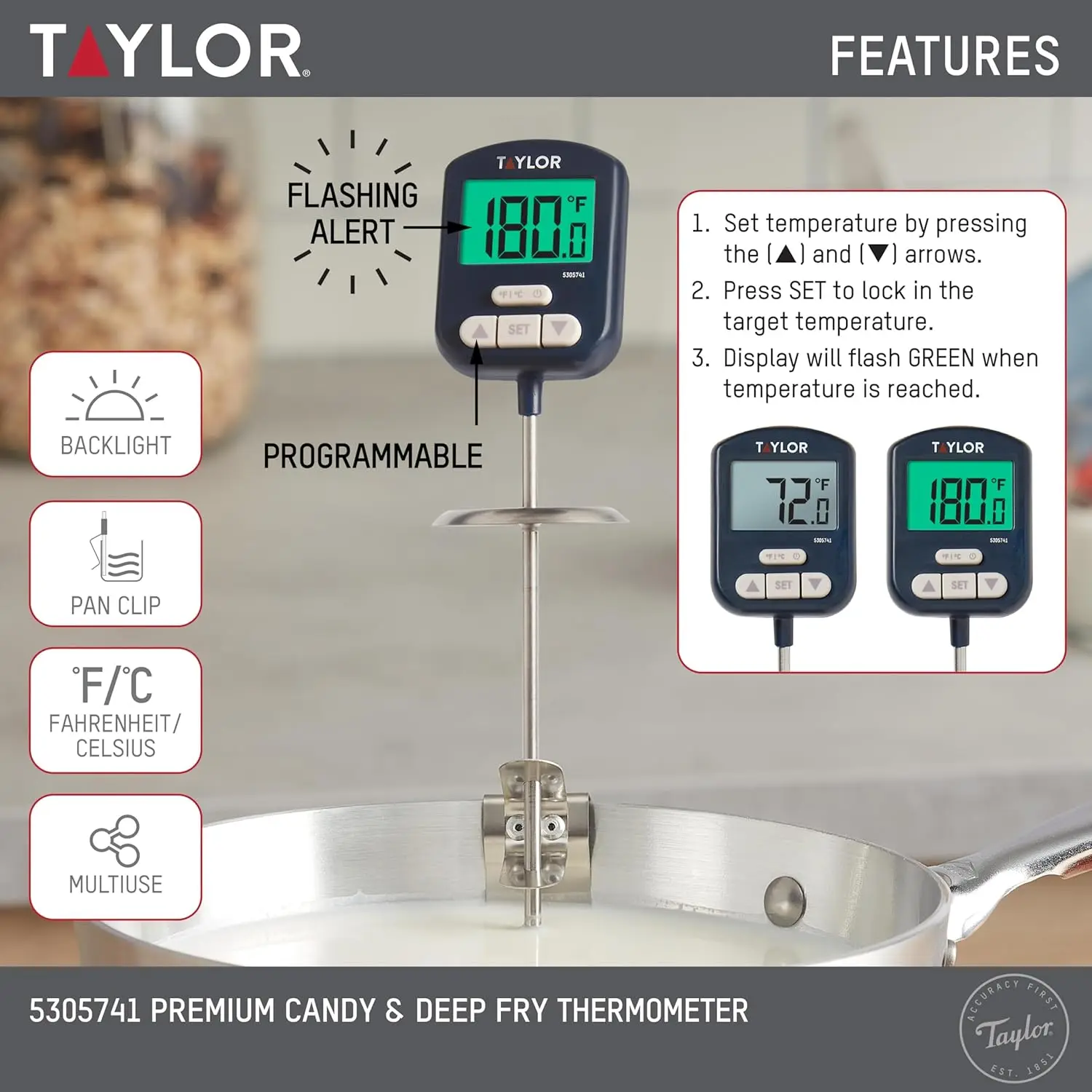 High Heat Resistant Digital Candy Thermometer with Clip, Heat Shield, Backlit Display, Includes Battery, Navy