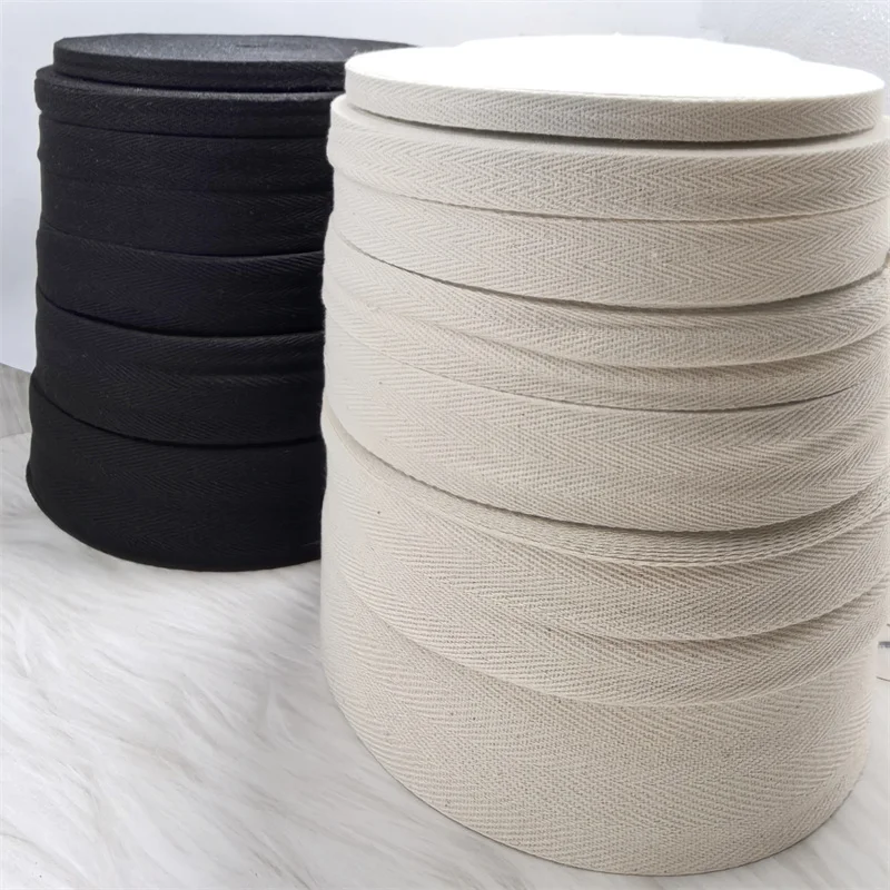 Diy Cloth Accessories Black Beige White Ribbons100% Cotton Herringbone Tape Package Cotton Ribbon 10MM 40MM 50MM 60MM 50yards
