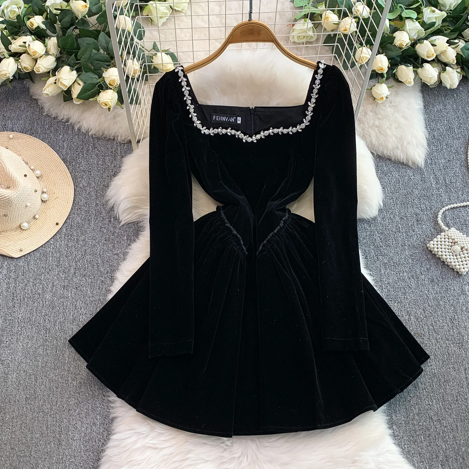 Sexy Elegant long sleeve velour square neck dress Women evening korean fashion ceremony dresses