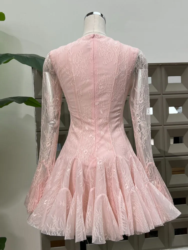 DFDG 2025 Spring Summer Women’s Lace Cutout Bodycon Dress Vintage Waist Tie Dress Trumpet Sleeve Breathable Button Party Dress