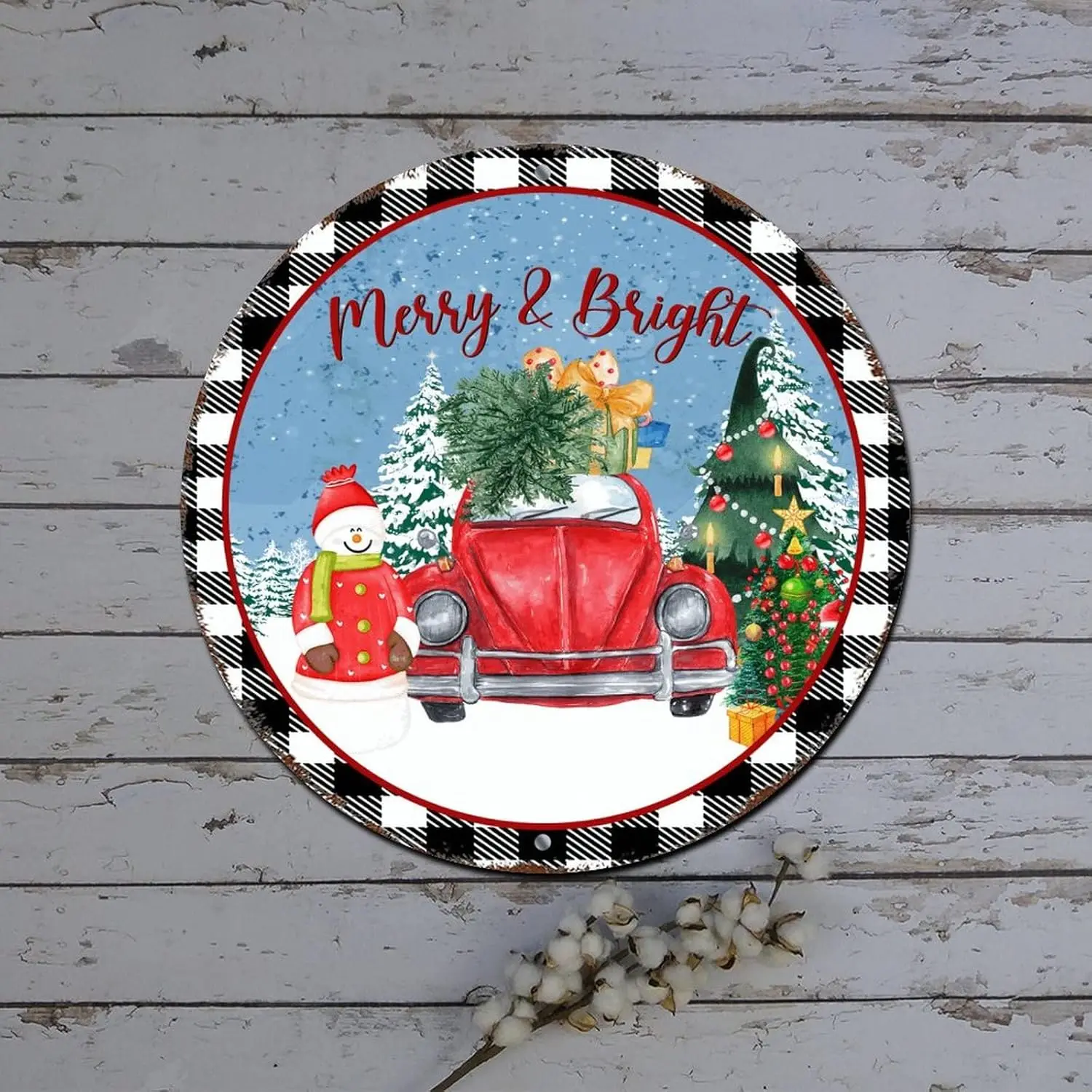 Christmas Wreath Signs Santa Truck Snowman Winter Scene Round Metal Tin Sign Christmas Door Decor Rustic Metal Wreath Sign for C