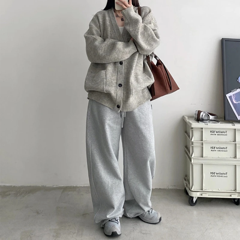 QWEEK Oversized Women Grey Thick Sweatpants Y2k America Style Retro Baggy Fleece Pants Casual Sports Streetwear Trousers Joggers