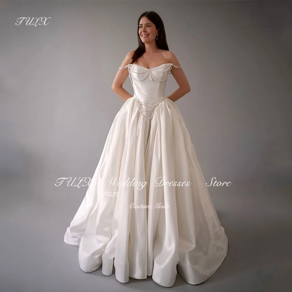 

TULX Elegant O Neck Beading Weddding Dresses A Line Satin Brides Party Dress Long Sweep Train for Women Bridal Gowns Customized