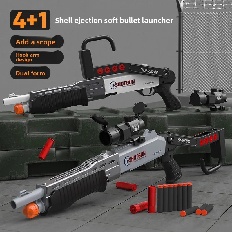 Shell Ejecting Shotgun Pump Action Soft Dart Blaster Dual Mode Folding Stock 360° Hook Arm with Scope 20 Darts 6 Shells Boy Gift