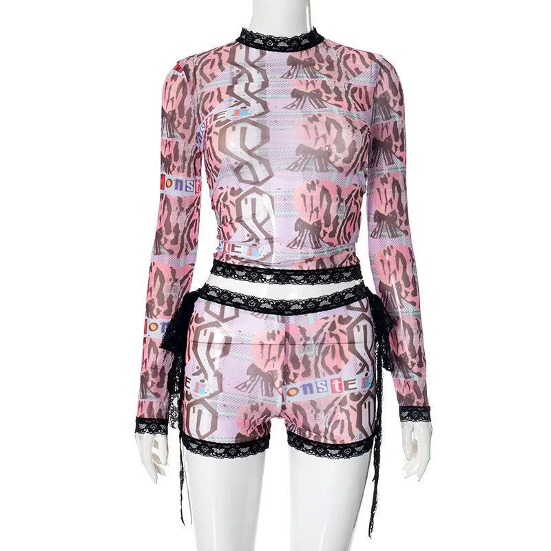 Mesh Letter Tops Sexy 2 Piece Pant Set Outfits 2025 Women Clothes Club Wear Cropped Tops Two Piece Set Shorts Pant
