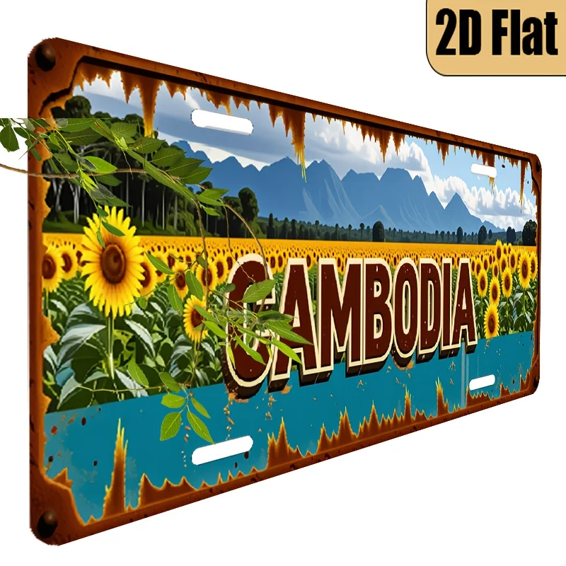 1pc Vintage Cambodia-Themed Aluminum License Plate - 6x12 Inch Retro Angkor Wat & Tonle Sap Design with Khmer Script, Polished M