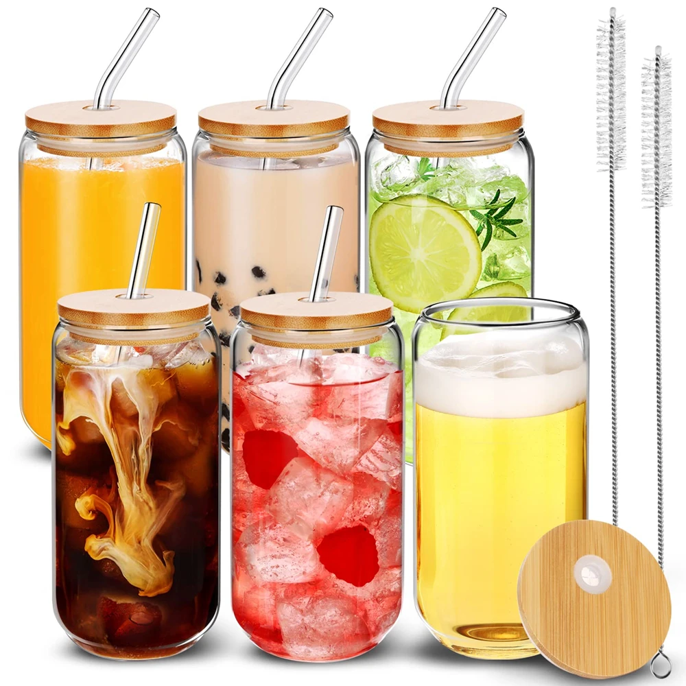 

2/4/6pcs Glass Can Shaped Cups with Spill-Proof Lids and Straws 500ml Glass Cup with Bonus Straw Brushes Perfect Birthday Gift