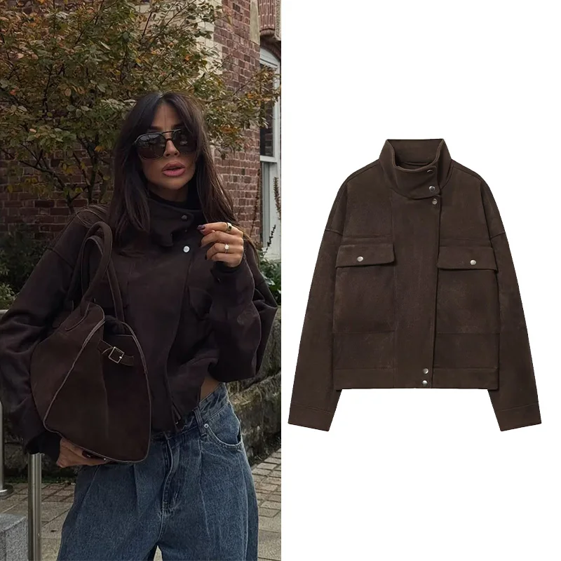 

HipSeam Женская куртка-бомбер оверсайз из искусственной замши на молнии Осенние простые элегантные женские теплые пальто с высоким воротником Шикарные женские топы