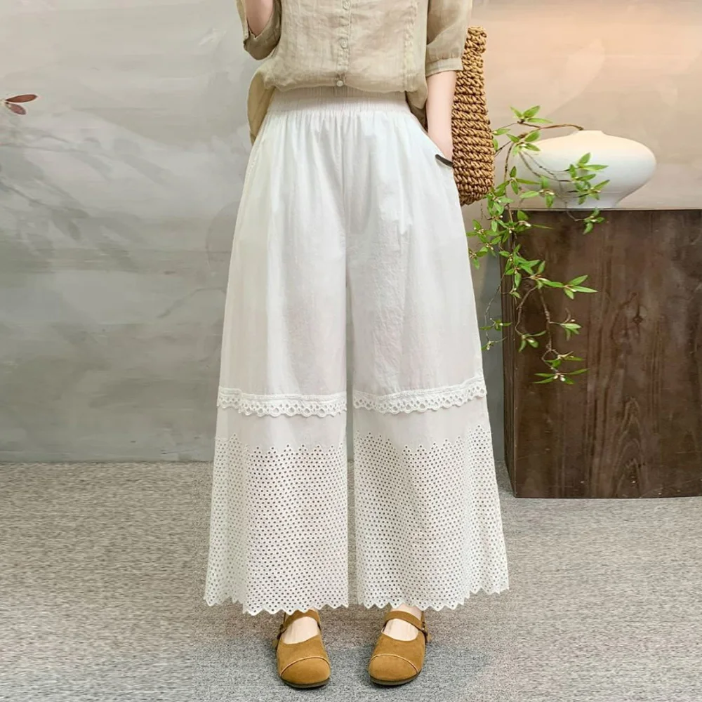 

Japanese Sweet Mori Girl Lace Mesh Hollow Out Cotton Wide Leg Pants Women Spring Summer Solid Color Casual Loose Straight Pants