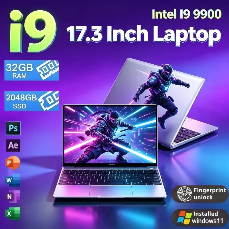 17.3" Portable Large Display Laptop Windows11 Intel I9‑9900 32GB RAM 2TB SSD Fingerprint Lock Gaming Notebook For Office Game
