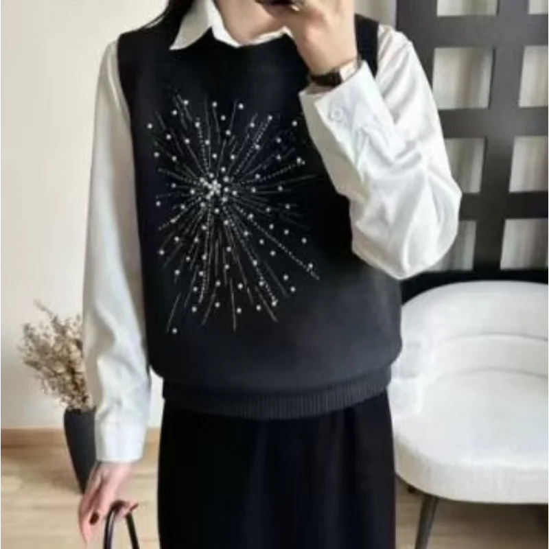 New Spring Autumn Round Neck Sleeveless Knit Vest - Solid Color Beaded Design Versatile Loose Fit Base Layer