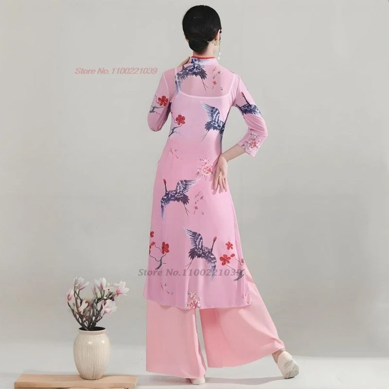 Strój do tańca vintage chiński 2025, sukienka qipao z siateczki + zestaw spodni, nadruk żurawi, ludowy taniec qipao, tradycyjny strój sceniczny