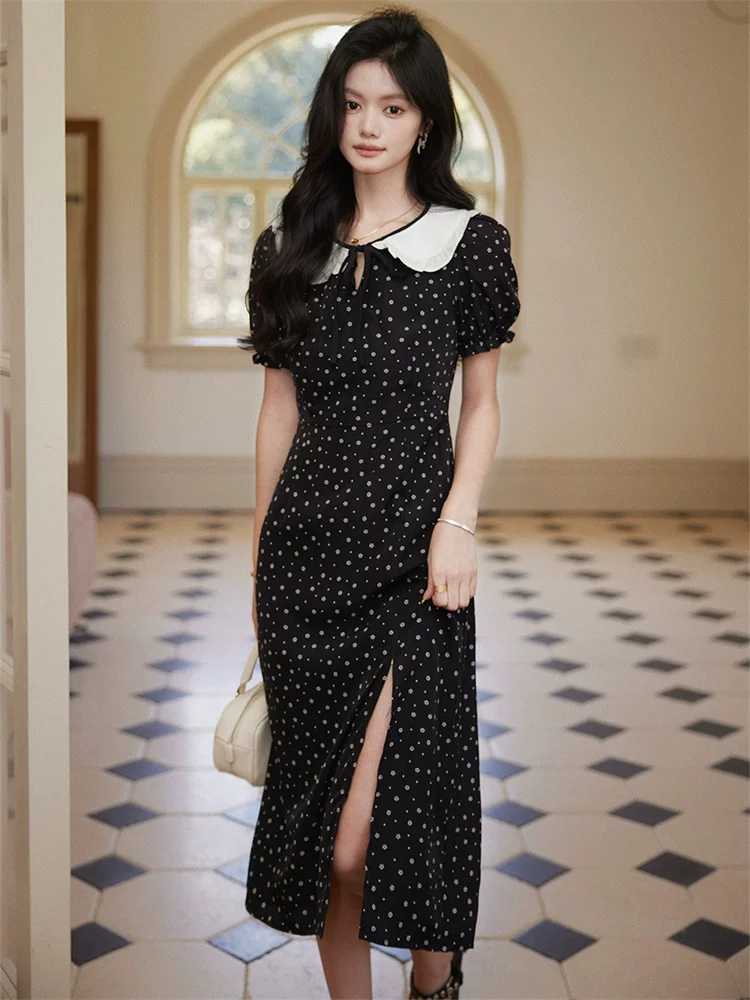 2025 novedad de verano estilo francés de gama alta de manga corta vestido con cuello de muñeca diseño suave único negro dulce vestido de vacaciones bata femenina