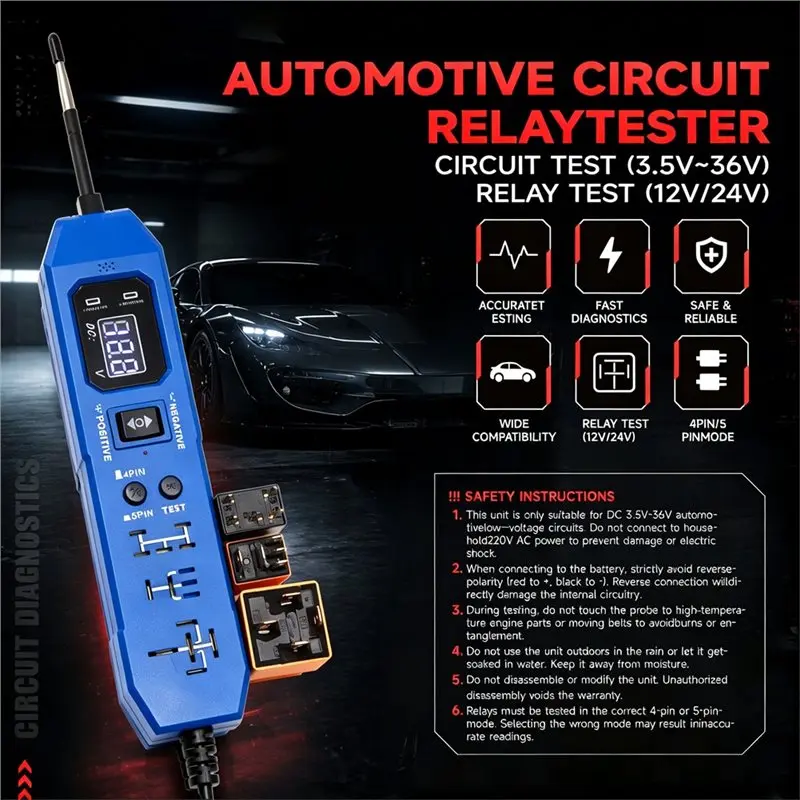 New DW833 2 In 1 LED Display Automotive Relay Circuit Tester 12V/24V Universal Car Electronic Relay Testing Tool view 6