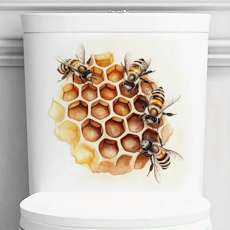 MT847# Bees and Honeycomb Toilet Stickers, Bright Bathroom for Home Decoration, Vinyl Decals, Art Wall Paper, Outdoor Indoor Use