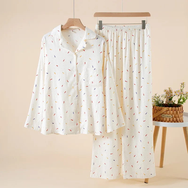 Soft Breathable Women‘s 100% Cotton Gauze Collared Cardigan Pajama Set Plus Size Relaxed Fit Spring Autumn Loungewear