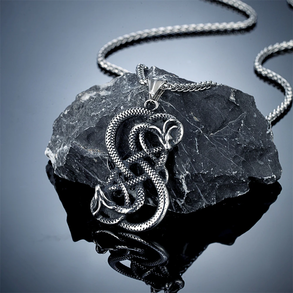 Norse Mythology Ouroboros Necklace Men Stainless Steel Python Hip Hop Pendant Vintage Vikings Animal Amulet Scandinavian Jewelry