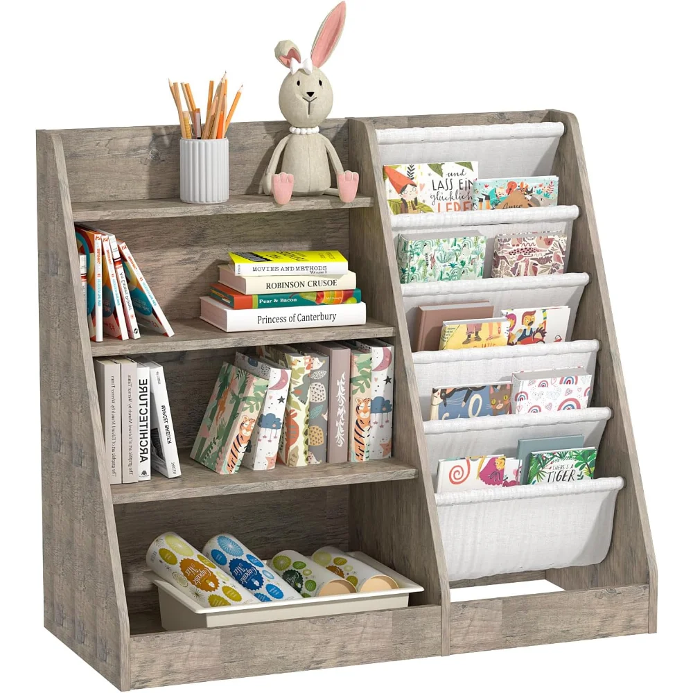 

4 Tier Kids Bookshelf Wooden, Five Layer Sling Children Bookcase, Baby Toddler Storage Book Rack