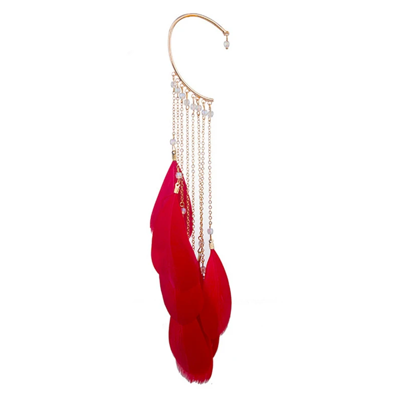 1PC Unusual Bohemian Long Feather Cuff Clip On Earrings For Women Beads Chain Handmade Big Dangling Ear Cuffs Earrings Jewerly view 5