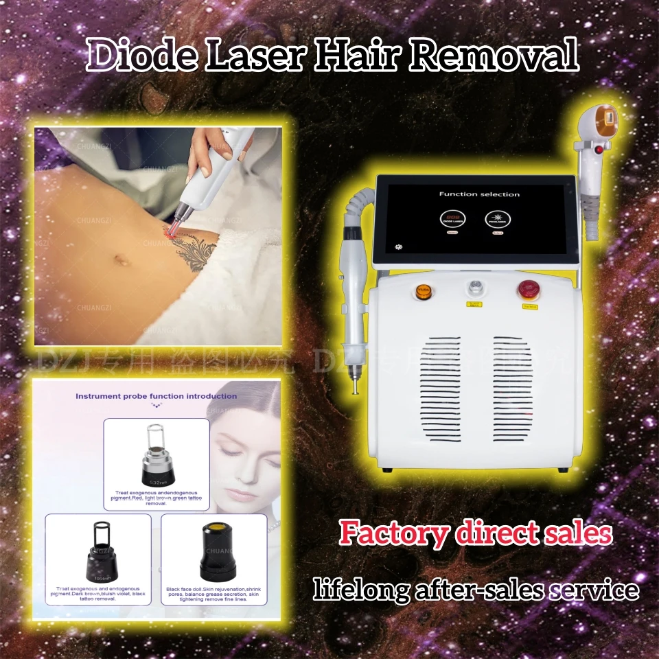 

Picosecond Diode Laser Hair Removal 2-in-1 Machine For Tattoo Removal Permanent Hair Removal Restore Silky Whitening skin Pro