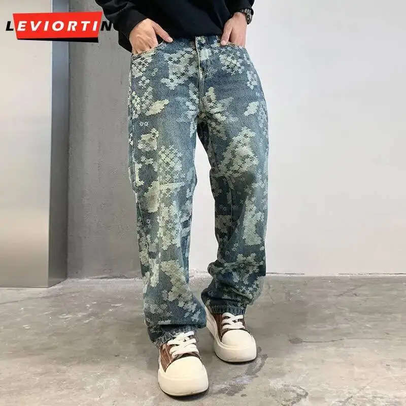 High Street Men's Loose Straight Tube Jeans Pants Autumn Hooligan Handsome Trousers Fashion Jacquard Trendy Casual Denim Pants