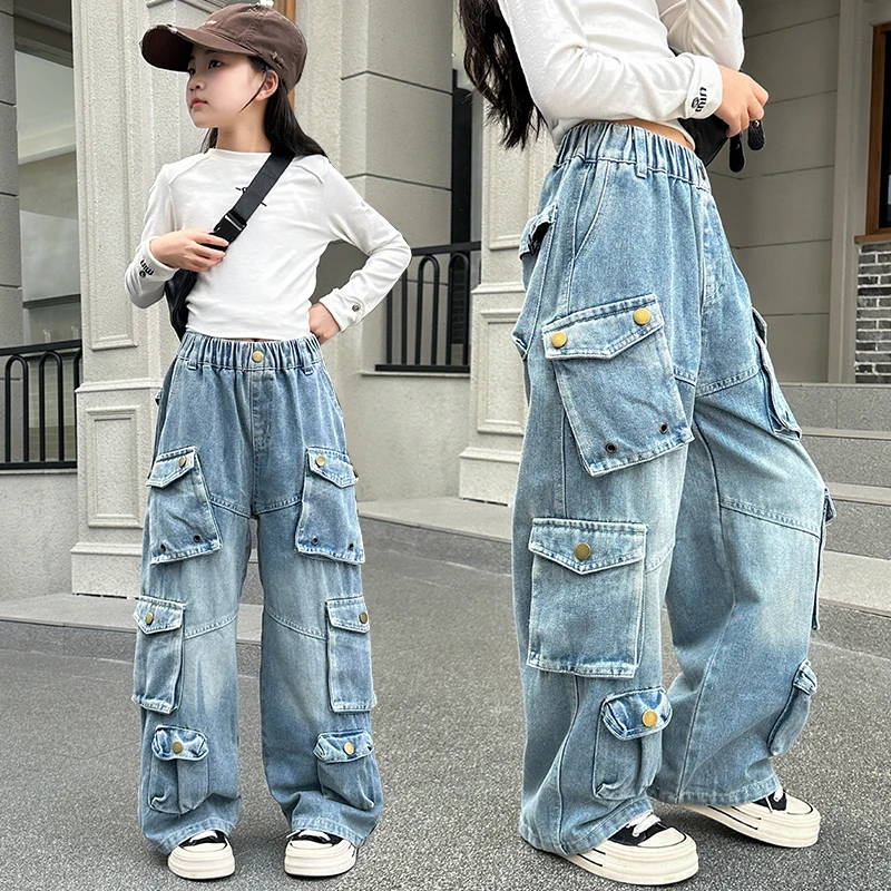 

Child Vintage Heavy Cargo Jeans For Kids Girl y2k Trousers Harajuku Hip Hop Multi Pocket Washed Distressed Straight Denim Pants