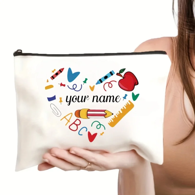 Custom Name Heart Print Large Capacity Zipper Makeup Bag Travel Toiletry Bag Pencil Case Gift Bag Multi Purpose Organizer