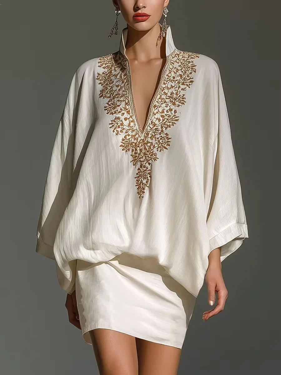 MsChuh Womens Matching Sets Stand Collar Gold Embroidery Batwing Sleeve Miniskirt 2 Piece Outfit Conjuntos Holiday Party Outfits