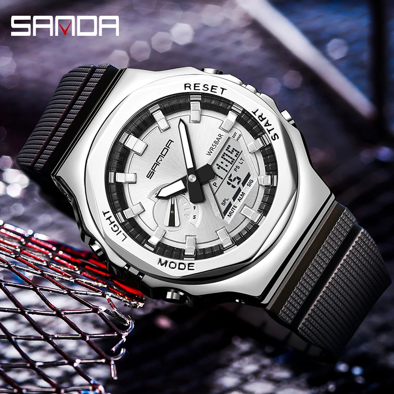 SANDA-reloj deportivo militar para hombre, cronógrafo de pulsera de cuarzo Digital con doble pantalla, resistente al agua hasta 50m, 2023