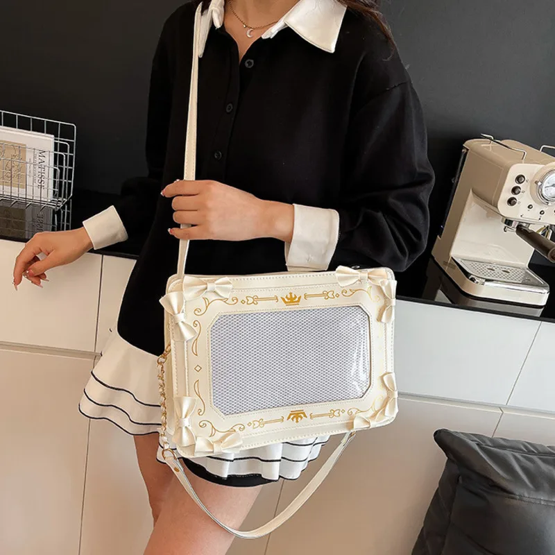 Bowknot Decor Y2k Lolita Itabag Girl Transparent Pocket Harajuku Pain Handbag Chain Japanese Shoulder Bag PU Crossbody Bag Women